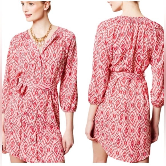 Maeve red and white geometric quarter sleeve cinched waist mini dress - Picture 1 of 4